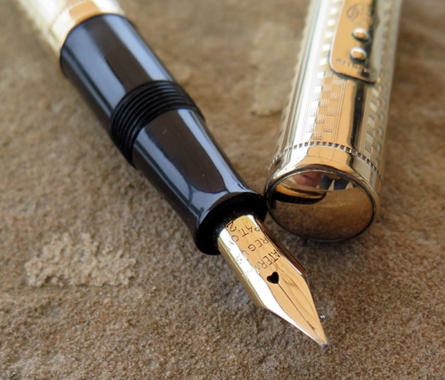 WATERMAN’s 0552 WITH GOLD FILLED GOTHIC OVERLAY ON BLACK HARD RUBBER.